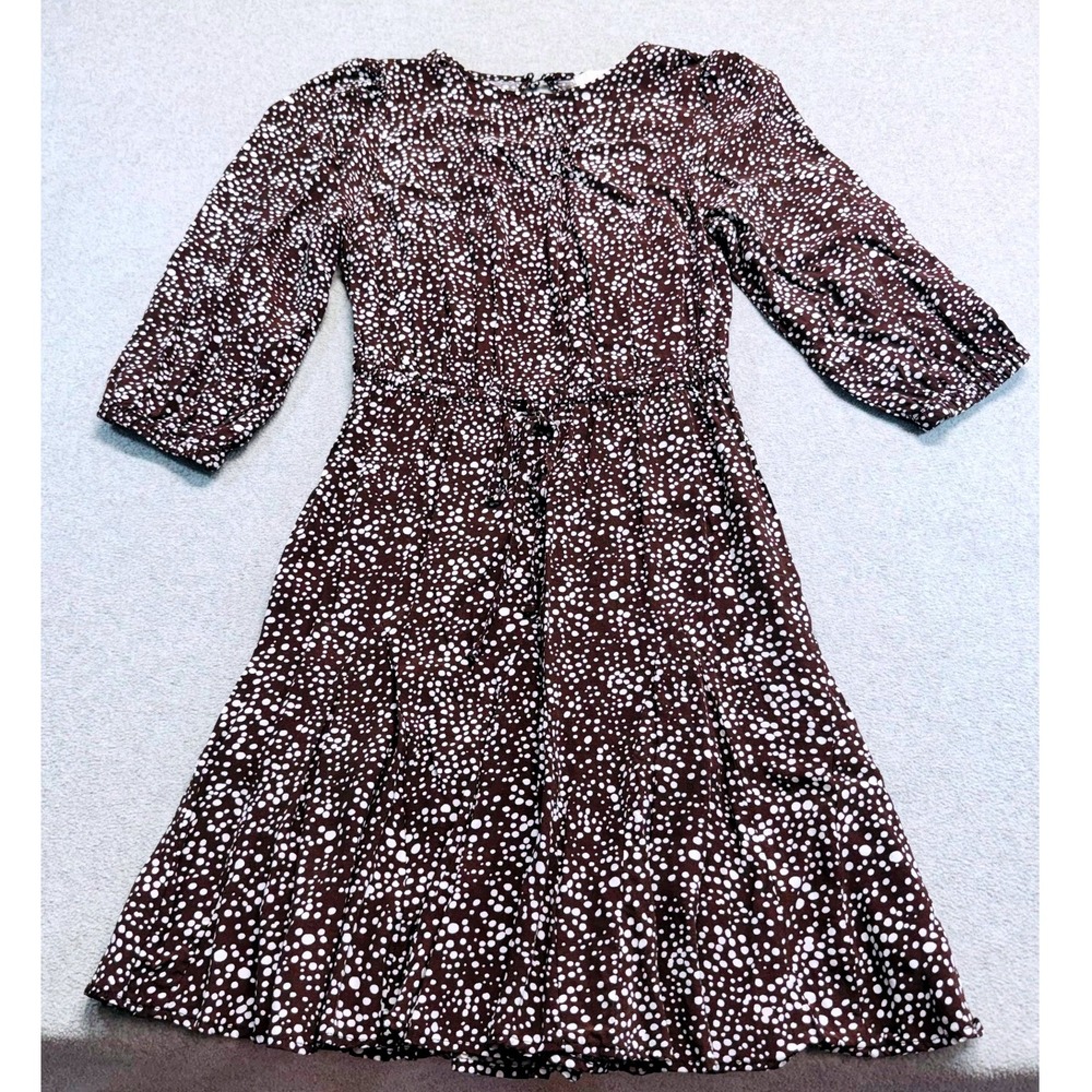 LOFT Womens XS Brown White Dot Print Dress Tie Waist 3/4 Sleeve Fit Flare Flowy